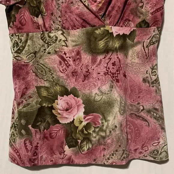 Y2K JKLA Floral Pink and Brown Faux Wrap Romantic Short Sleeve Blouse - Picture 4 of 5